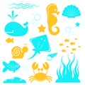 Marine inhabitants icons brightly isolated on white background. Vector illustration